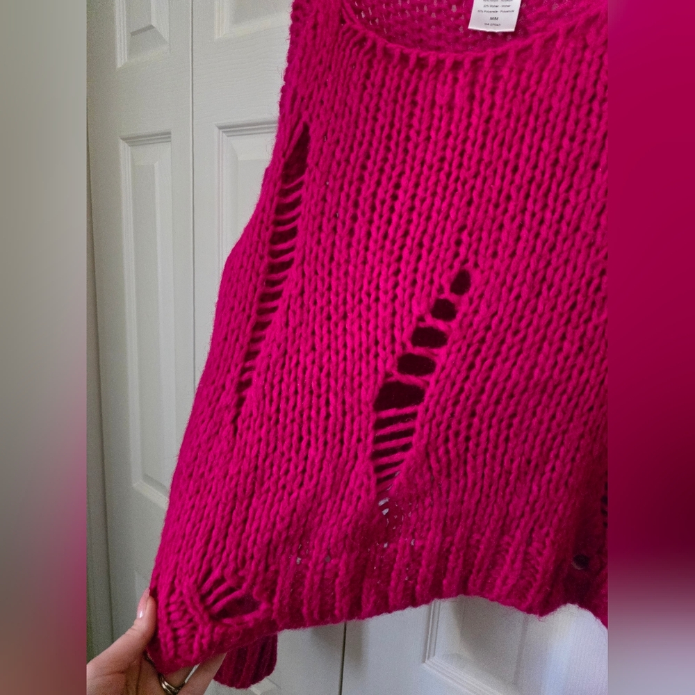 Fuchsia Pink Distressed Knit Sweater M - Picture 6 of 9